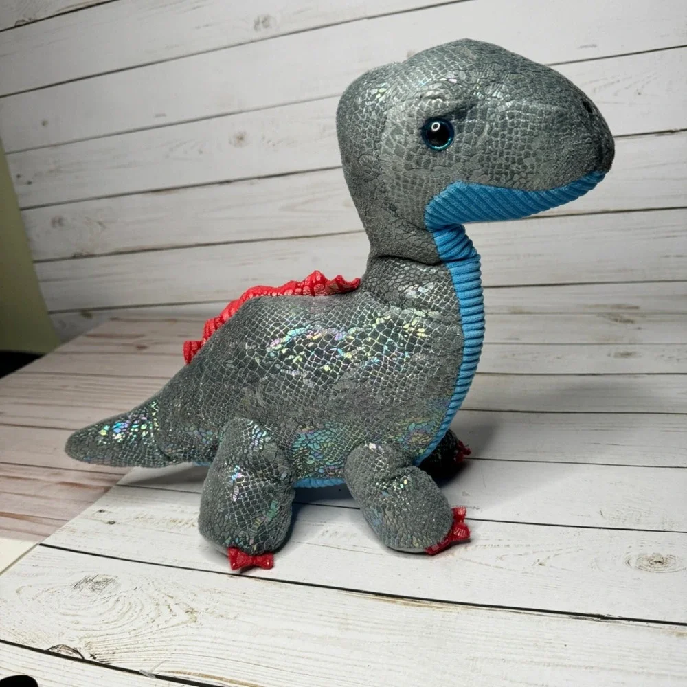 Metallic Sparkly Brontosaurus Dinosaur Plush Toy With Blue Belly & Red Spikes